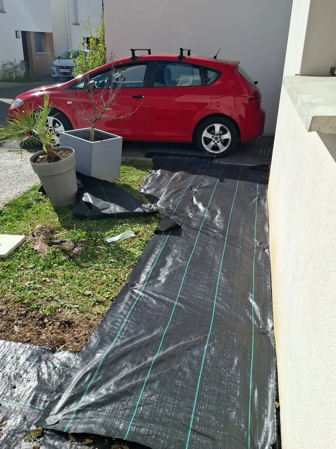 Installation de bâche anti-mauvaises herbes avant plantation